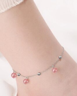 Tobillera plata bolitas rosas