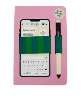 Cuaderno con cinta para móvil y bolígrafo