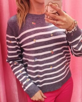 Jersey gris rayas con flores bordadas