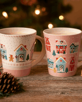 Tazas rosas casitas navideñas