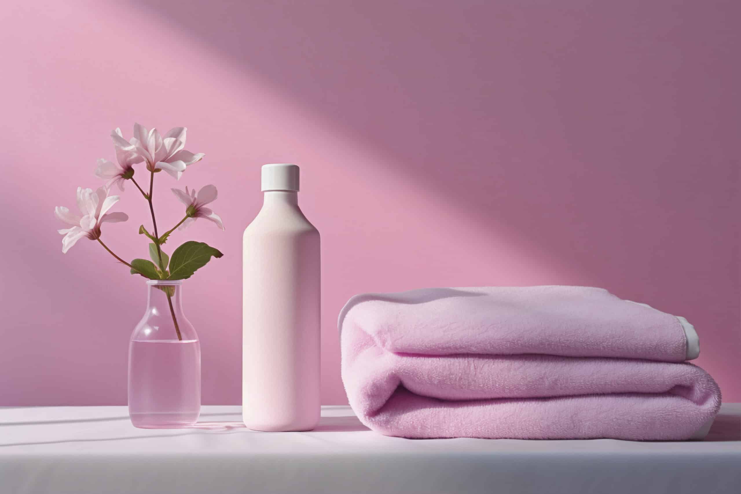 Fondo rosa con ordenador y elementos alrededor de color rosa