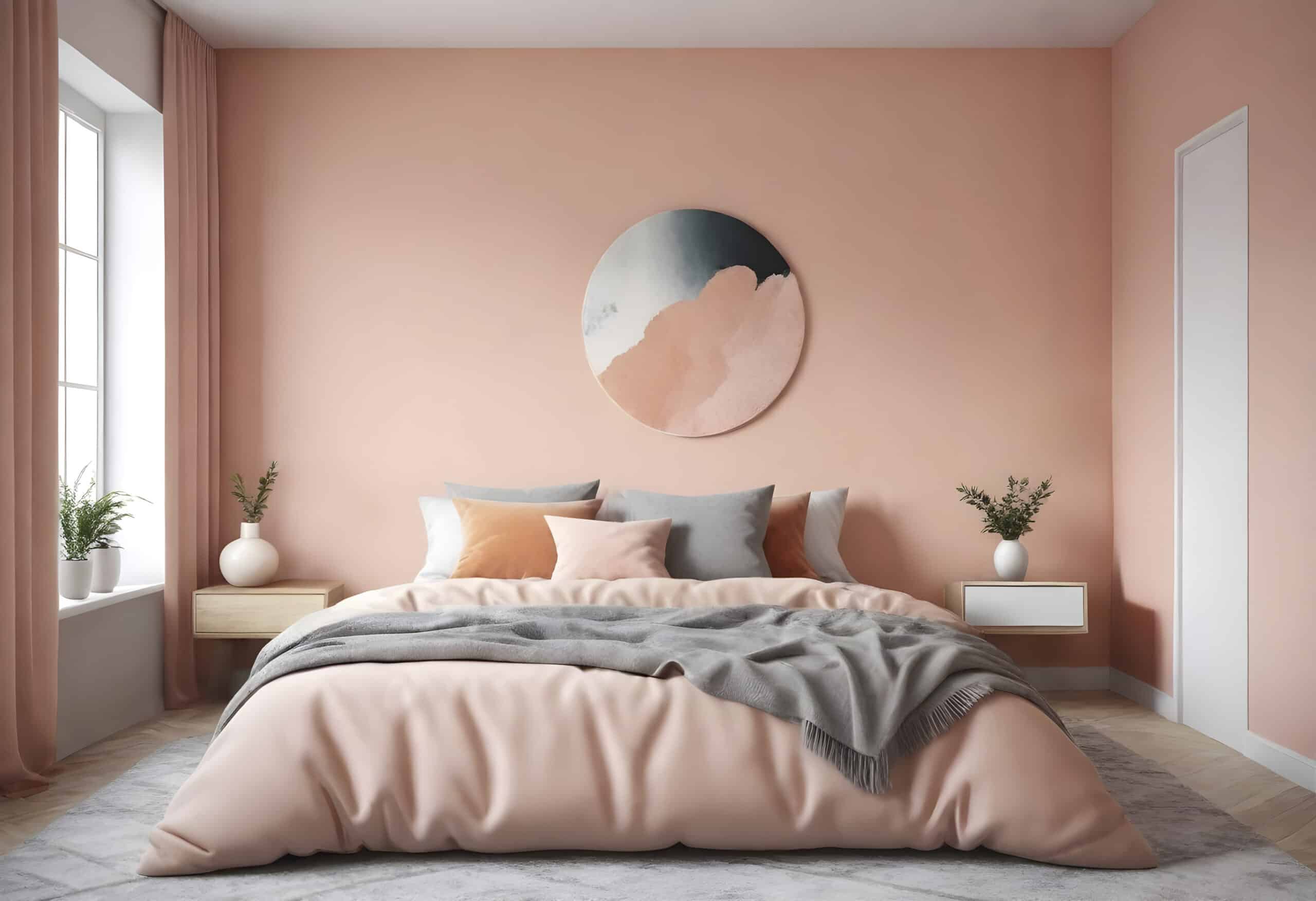 Dormitorio donde se ven una cama con colcha rosa, una ventana y la pared del cuarto rosa