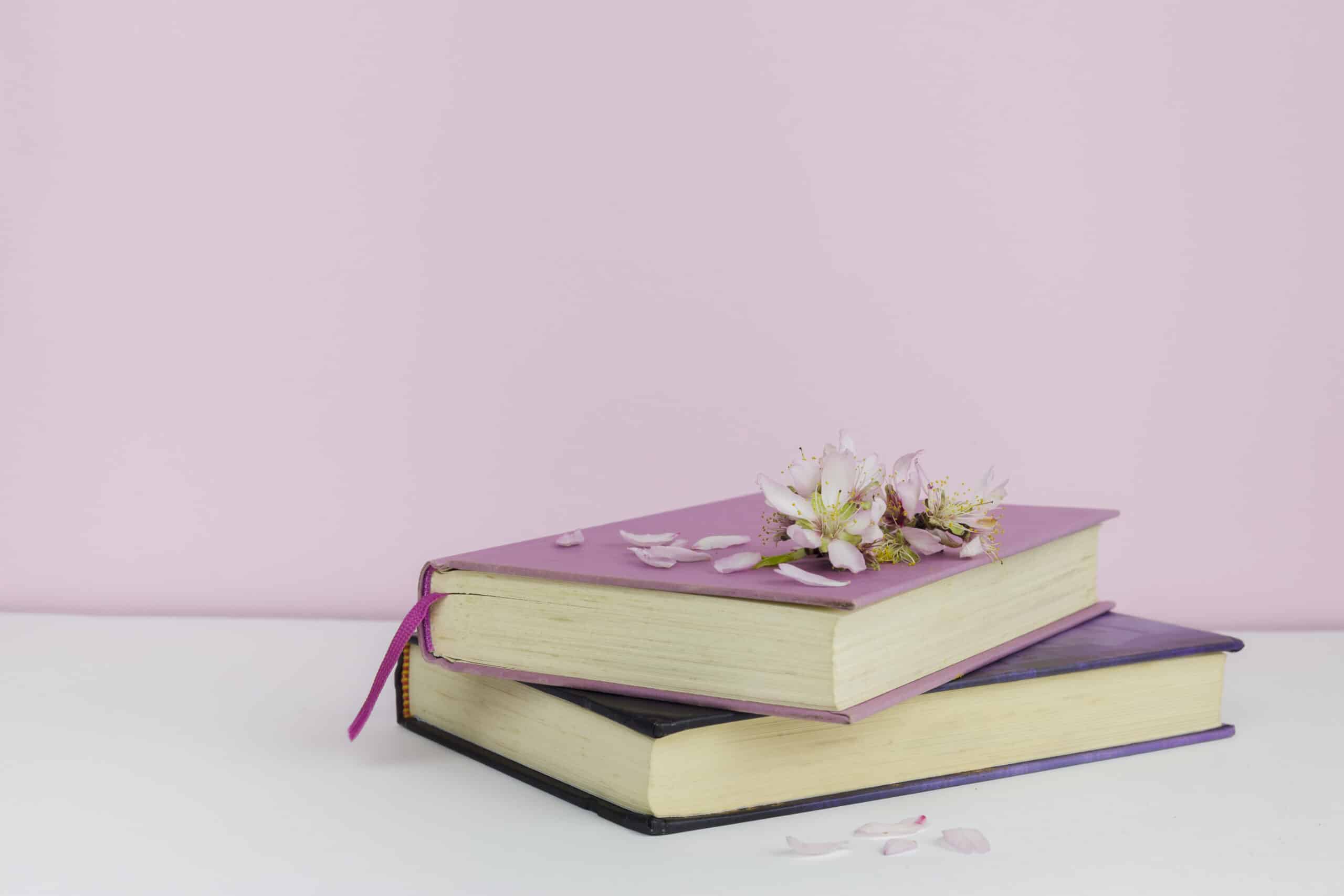 Dos libros de colores rosáceos sobre un fondo de color rosa